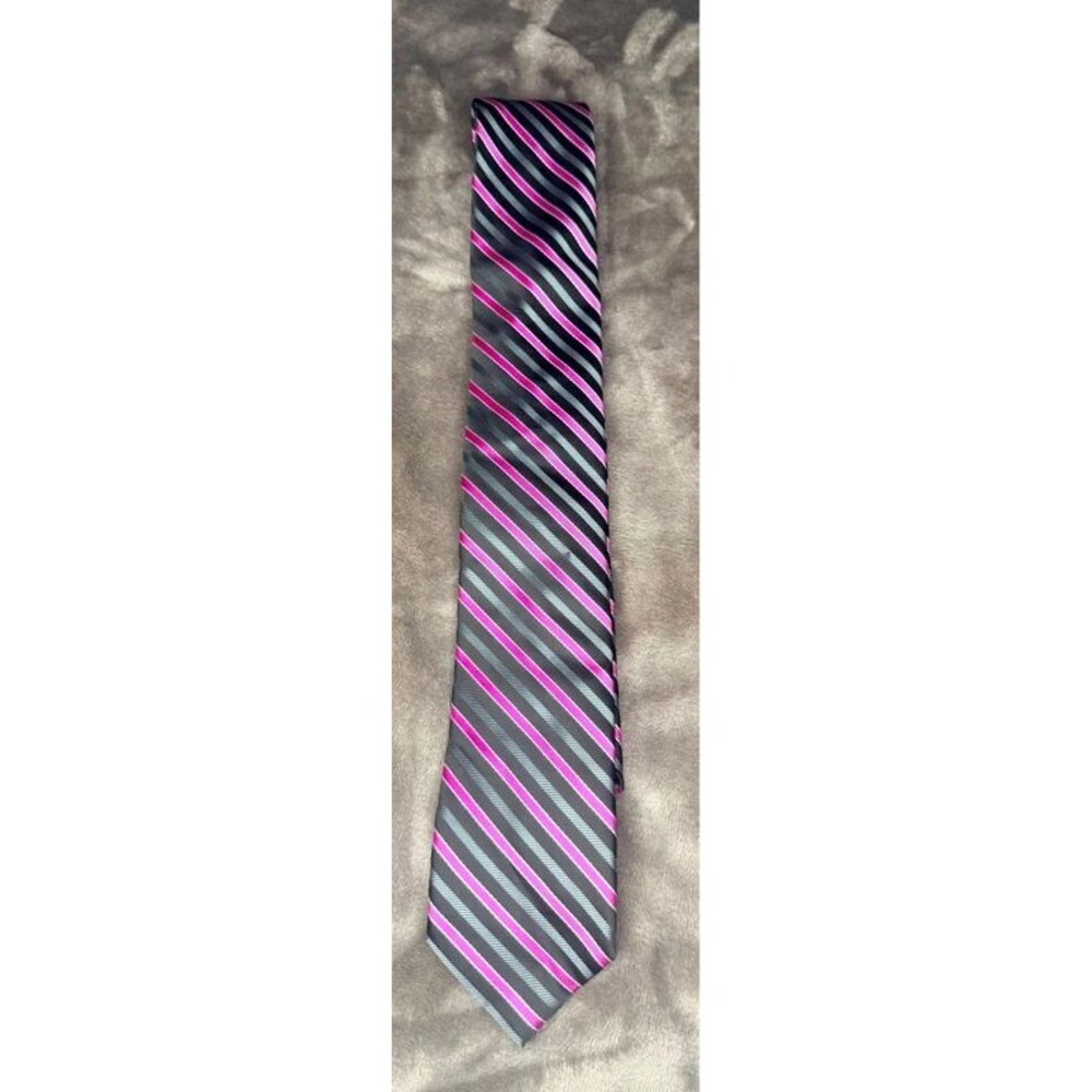 J Ferrar Mens Slim Tie Black Gray Hot Pink Striped Formal Wedding Necktie